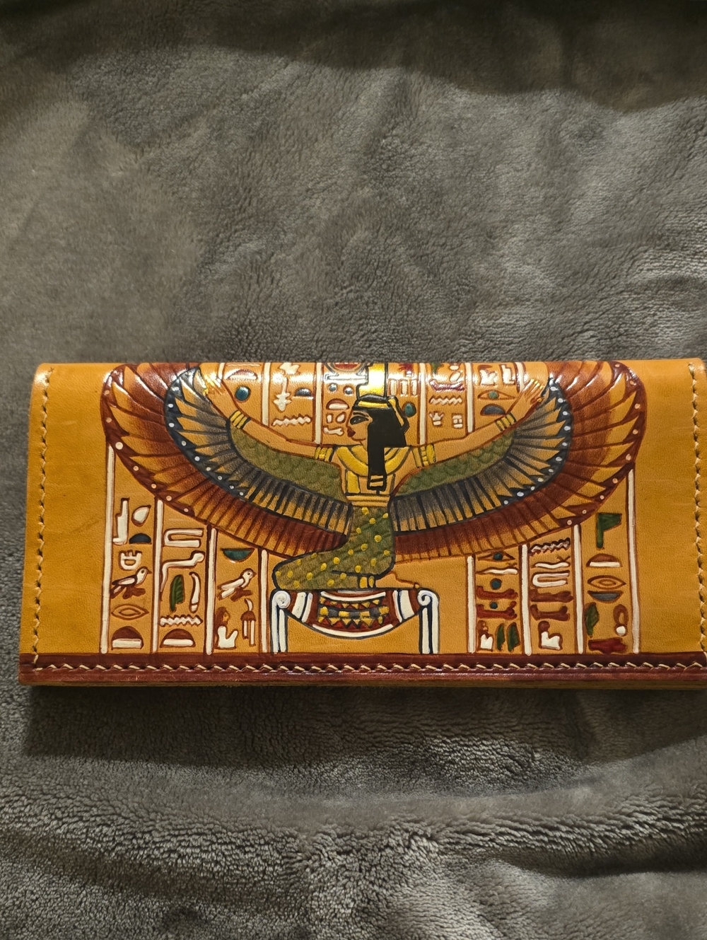 Hand-Painted Egyptian Winged Goddess Leather Wallet - Tan